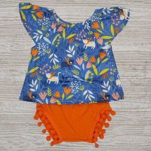 Floral Botanical Cat Print Pom Pom Outfit Set